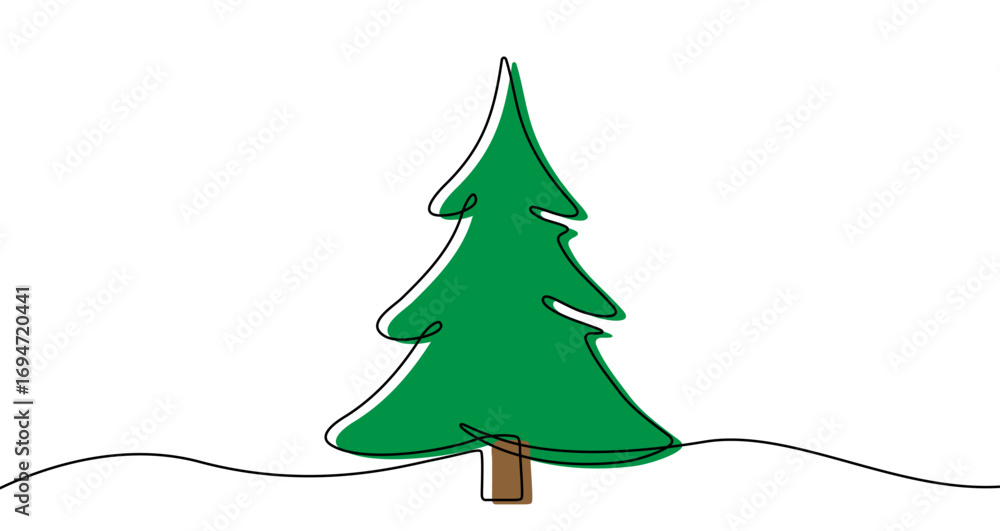 Poster christmas tree in one line art style. christmas tree drawing with editable color fill on a white bac
