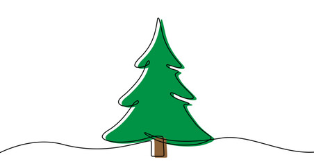 Christmas tree in one line art style. Christmas tree drawing with editable color fill on a white background. Vector illustration.