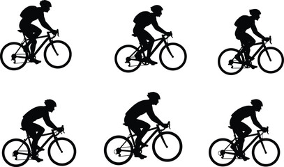 Cyclist Silhouettes with Helmets and Backpacks in Six Riding Poses for Urban Transport, Delivery, and Design Content