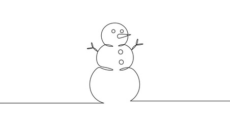 Snowman in one line art style. Snowman drawing with editable black stroke on white background. Vector illustration.