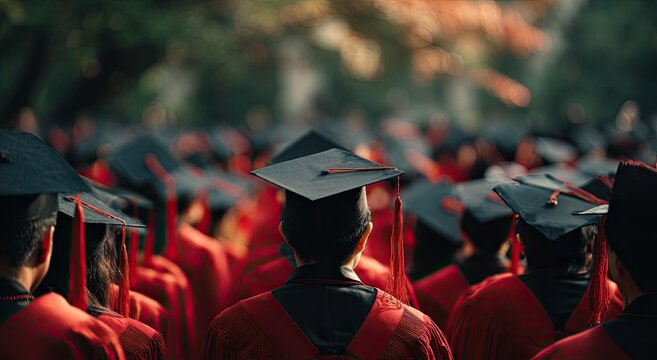 Graduates in red gowns and black caps, backs to the camera