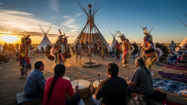 Indigenous group performs traditional dance at sunset near teepees
