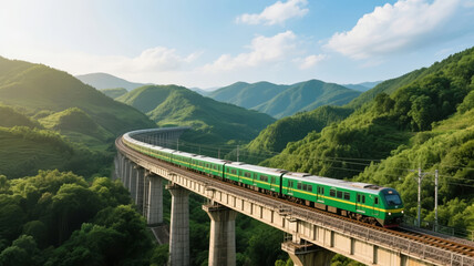 Green High-Speed Rail Bridge Crossing a Sunny Valley, Transportation Background
