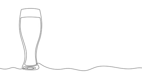 Glass of beer in one line art style. Drawing of a glass of beer with an editable black stroke on a white background. Vector illustration.
