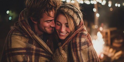 A couple wrapped in blankets, smiling and embracing, with a cozy, warm, and inviting atmosphere.