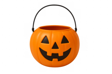 Plastic pumpkin basket with handle for trick or treat on transparent background