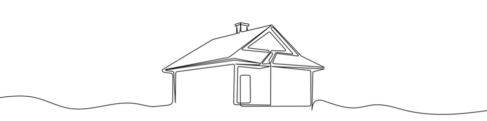 House in one line art style. Drawing of a house with a roof and windows with an editable black stroke on a white background. Vector illustration.