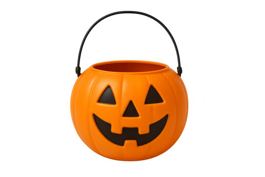 Plastic pumpkin basket with handle for trick or treat on transparent background