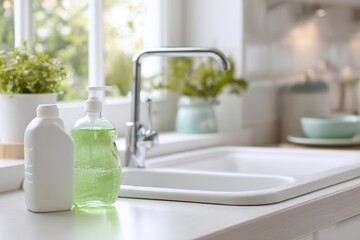 Fototapeta premium Green plastic dishwashing gel bottle on bright clean kitchen tabletop. White sink and washing-up bottle. Liquid dish soap container on the table, a stack of plates in the background. Cleaning product