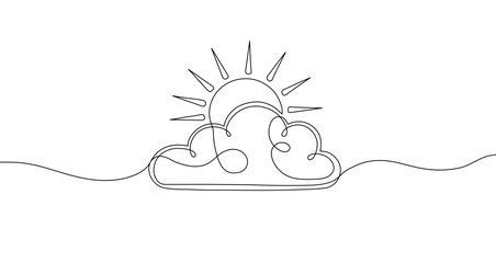 Sun behind cloud in one line art style. Sun and cloud drawing with editable black stroke on white background. Vector illustration.