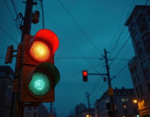 Glowing traffic light signals red, green against deep blue twilight sky. Cinematic urban scene features street wires, road signs, security cameras. High contrast lighting creates dramatic city mood.
