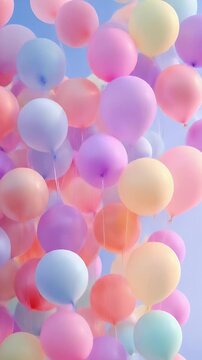 Abundance of pastelcolored balloons in light blue sky, perfect for celebrations, parties, joyous occasions, or background for designs.