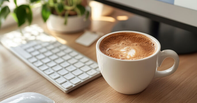 Morning Coffee Break at the Office Desk with Keyboard and Computer