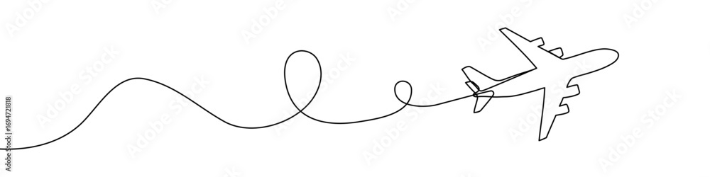 Poster passenger airplane with flight path in one line art style. airplane drawing with editable black stro