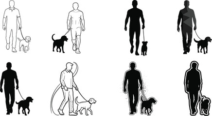 Dog Walker Illustrations in Nine Artistic Styles Featuring Leashes, Motion, and Companionship for Pet, Lifestyle, and Design Content