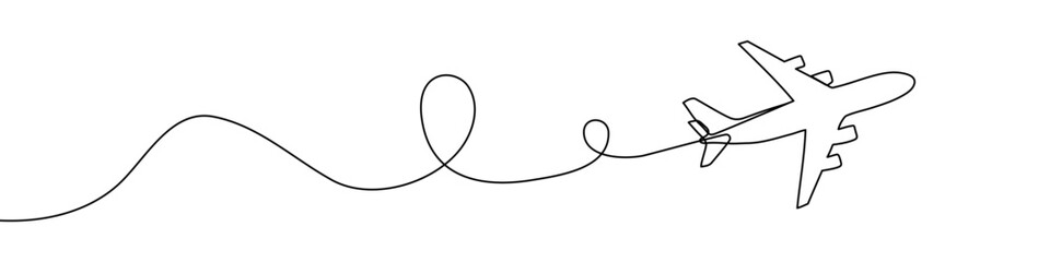 Passenger airplane with flight path in one line art style. Airplane drawing with editable black stroke. Vector illustration.