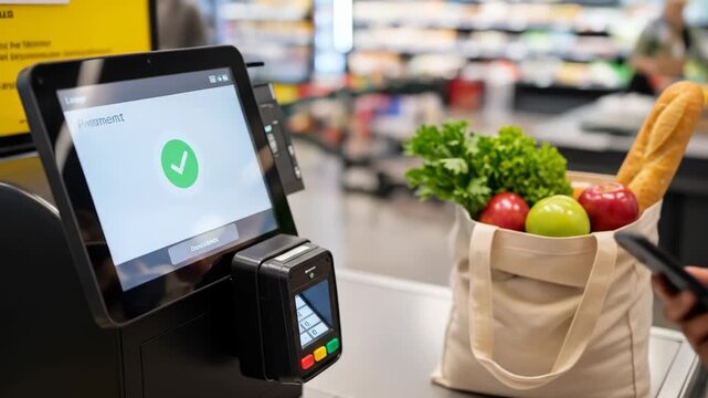 Woman pays with her smartphone at the self service checkout