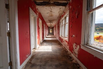 Fototapeta premium Abandoned hallway of a dilapidated building. Sunlight streams through broken windows