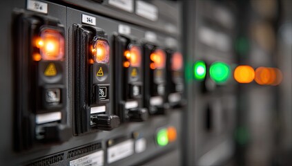 Close-up of server rack panels with illuminated indicators