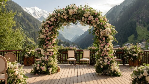 Floral arch wedding ceremony in mountain valley