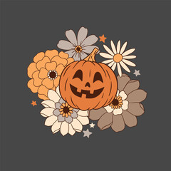 Cute Halloween pumpkins with vintage flowers. Hand drawn retro Halloween design. Perfect for wallpaper or fabric print. EPS 10 vector file.