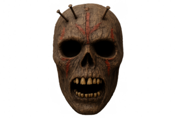 Creepy wooden skull with nails showing teeth on transparent background