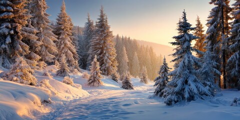 Snow-covered forest with pine trees, illuminated by the sun, creating a serene winter landscape.