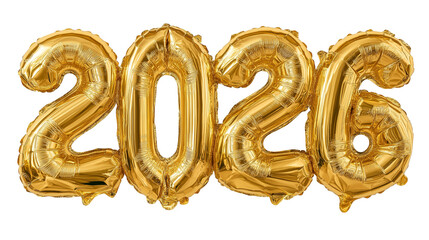 Golden 2026 number balloons on transparent background