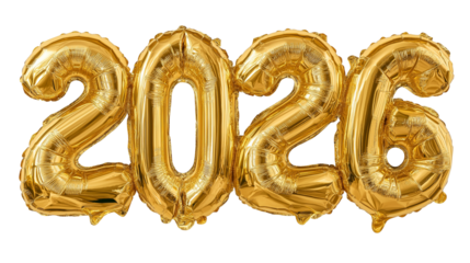 Golden 2026 number balloons on transparent background