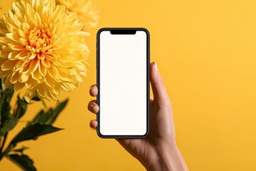 Smartphone held against vibrant yellow backdrop with chrysanthemum flowers
