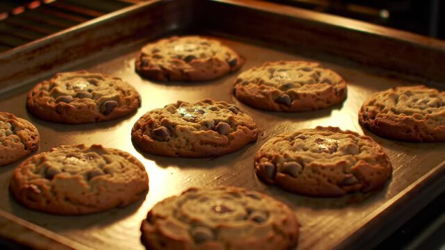 Freshly baked chocolate chip cookies on a sheet pan