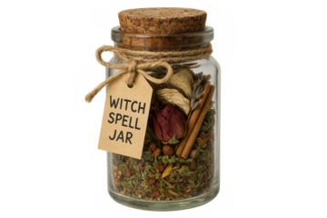 Witch spell jar filled with dried herbs, spices, and flowers on transparent background