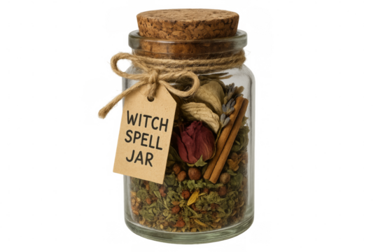 Witch spell jar filled with dried herbs, spices, and flowers on transparent background