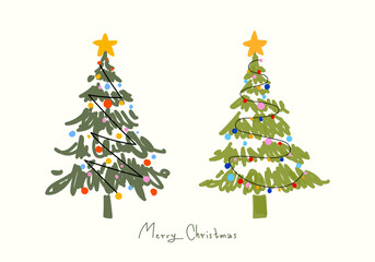 Fototapeta premium Set of Christmas trees decorated with ornaments vector illustration. A joyful and festive atmosphere for holiday celebration, isolated on white background.
