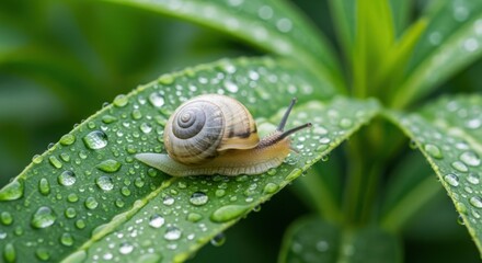 A Small Snail Navigates Wet Green Leaves After Rain