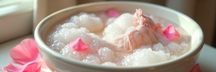 Fototapeta premium Delicate lace lingerie gently swirling in a porcelain basin, filled with fragrant bubbles and soft petals A scene of luxurious and gentle cleansing , porcelain basin, luxury
