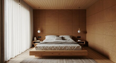 Minimalist bedroom with wooden platform bed and neutral color scheme.