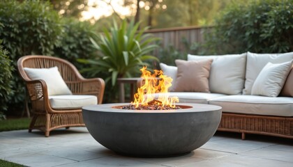 Outdoor patio seating area features modern concrete firepit with glowing flames. Includes comfortable wicker chairs, sofa with plush cushions. Green garden surrounds space. Perfect for backyard