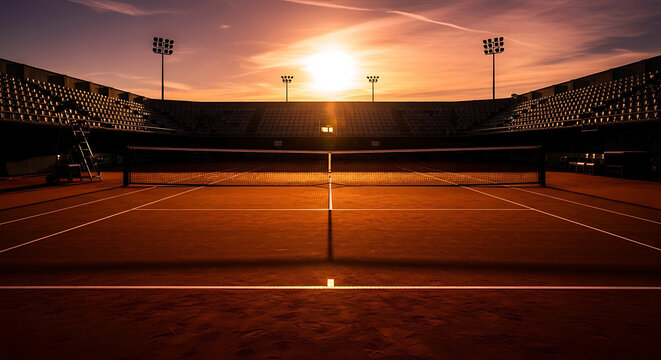 Sunset over a clay tennis court at Roland Garros, stadium lights illuminate the scene.