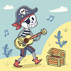 Vector art of cartoon pirate skeleton playing guitar near treasure chest on hill