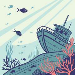 Vector art of cartoon shipwreck with fish and coral reef on the seabed in the ocean © Stock