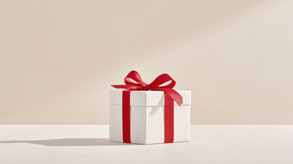festive new year  gift elegantly wrapped with bright ribbon rests on clean neutral background