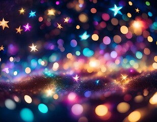 a vibrant colorful bokeh effect with small bright lights that resemble stars against a dark background