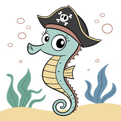 Vector art of cute seahorse pirate cartoon character with pirate hat