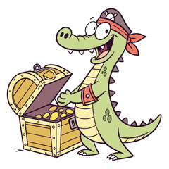 Fototapeta premium Vector art of happy cartoon alligator pirate with treasure chest