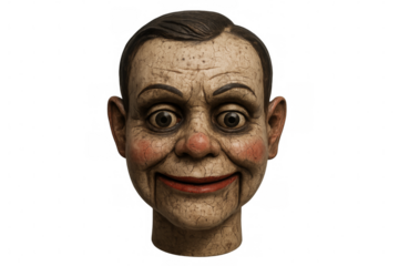 Creepy ventriloquist dummy head smiling on transparent background