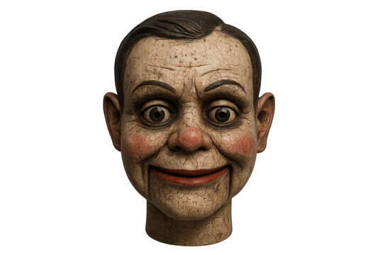 Creepy ventriloquist dummy head smiling on transparent background