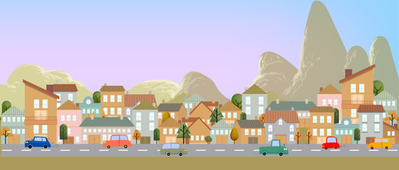 Cute houses, city building in Scandinavian style vector illustration. Cozy town, urban street architecture and panorama. © Suryadi