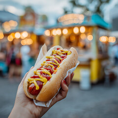 A hand holding a hot dog with ketchup and mustard, street food stand background.