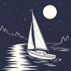 Vector art of sailboat sailing on a lake under the moonlight with stars and trees